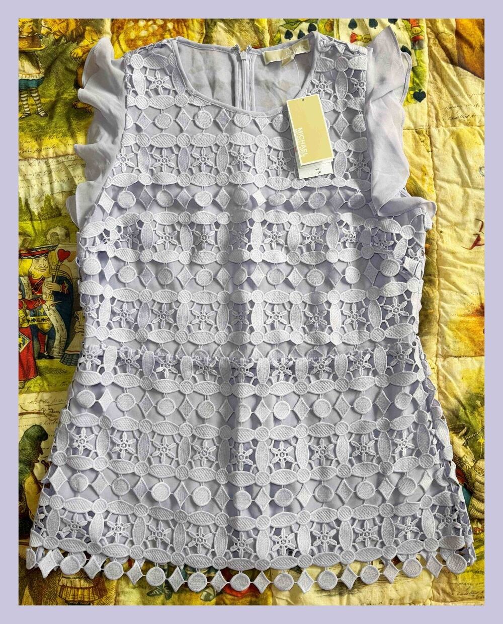 Michael Kors Light Quartz Ruffled Chiffon Guipure Lace Macramé Tank Top Size 10
